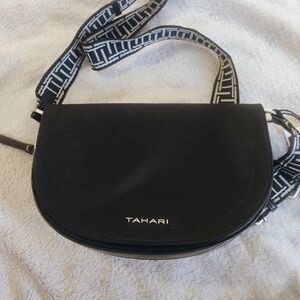 Tahari Black Crossbody Bag with Patterned Strap